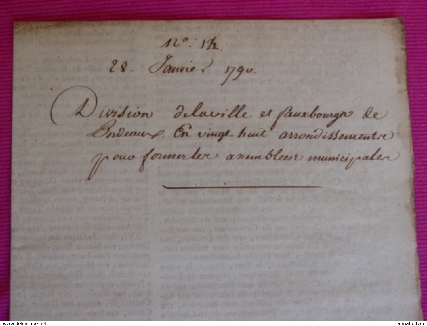 Gironde / Affiche 1790 "DIVISION DE LA VILLE & FAUBOURGS DE BORDEAUX 28 Arrondiss.> Assemblées Municipales. - Posters