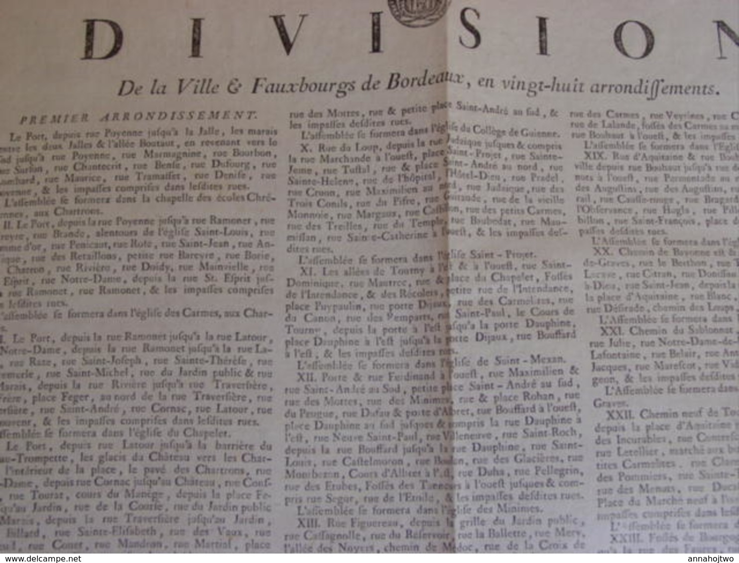 Gironde / Affiche 1790 "DIVISION DE LA VILLE & FAUBOURGS DE BORDEAUX 28 Arrondiss.> Assemblées municipales.