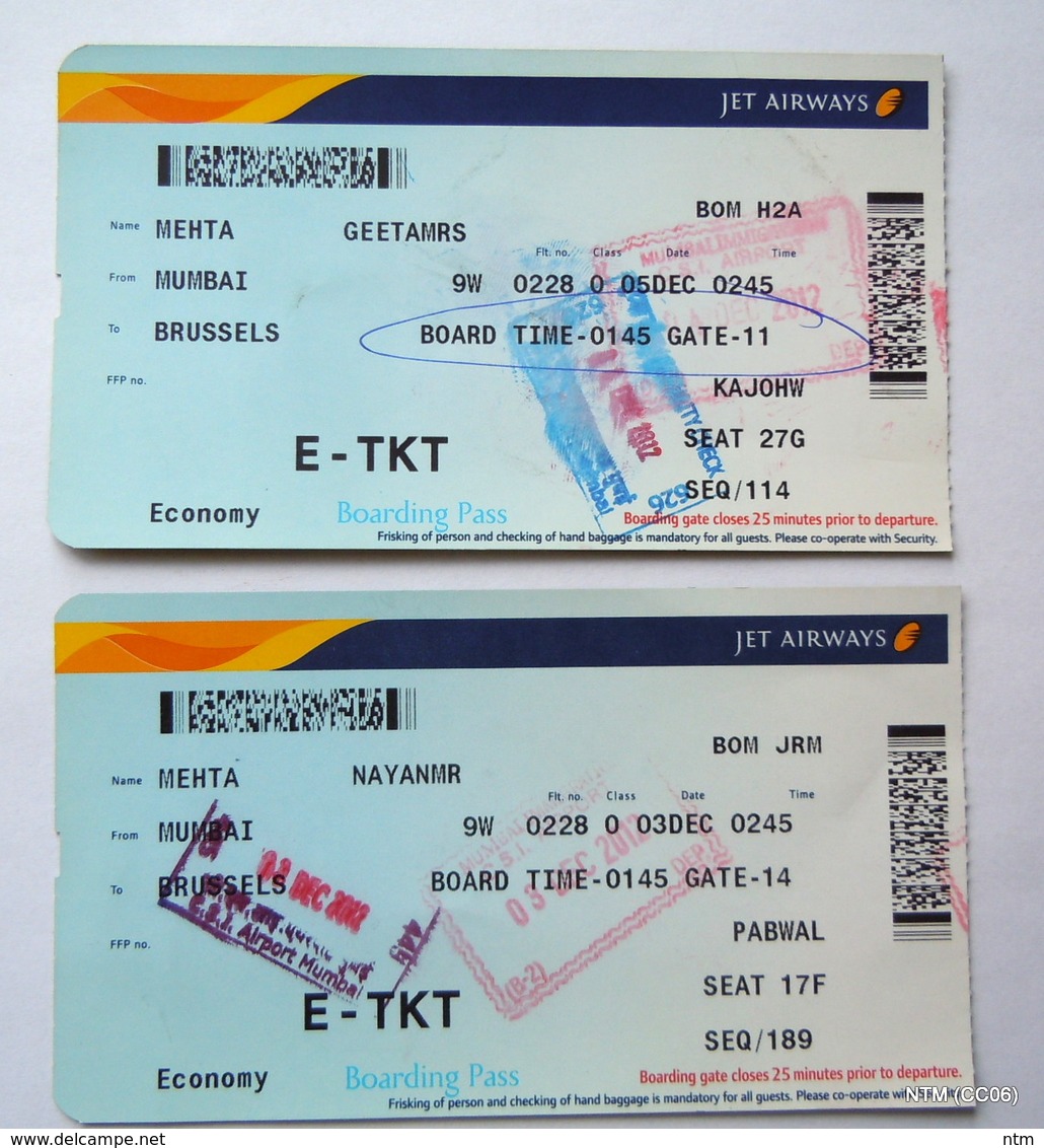 JET AIRWAYS E-TICKET - BOARDING PASS (Year 2012). Mumbai To Brussels For 2 Passengers. Used. - Mondo