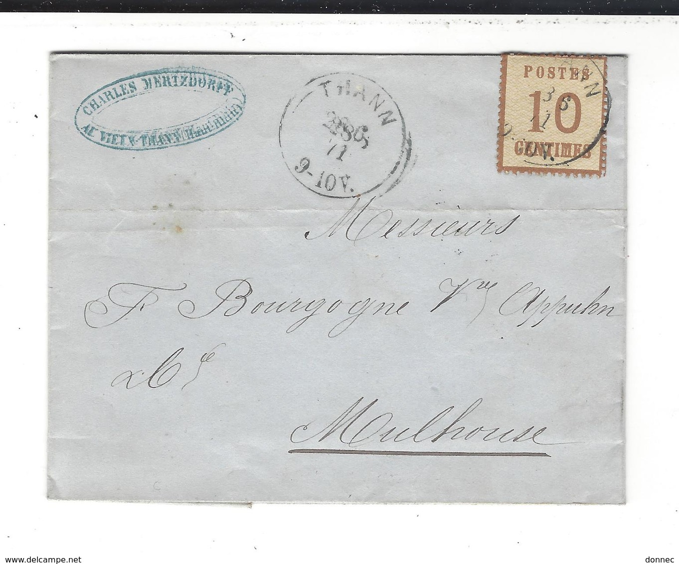 Lettre 1871 Tp  YT 5 Alsace Lorraine Cad  28.6.71 Thann Pour Mulhouse - Autres & Non Classés