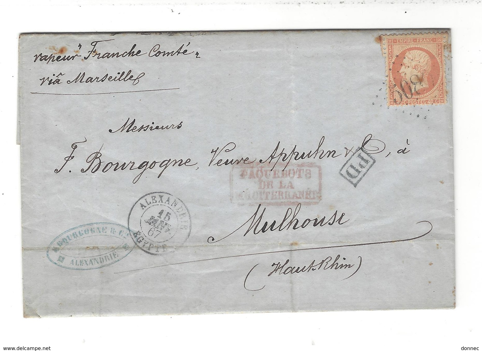 Lettre 1867 Cad Alexandrie  Pour Mulhouse TP Yt 23 " Paquebots De La Méditerranée " Vapeur Franche- Comté - 1862 Napoleon III