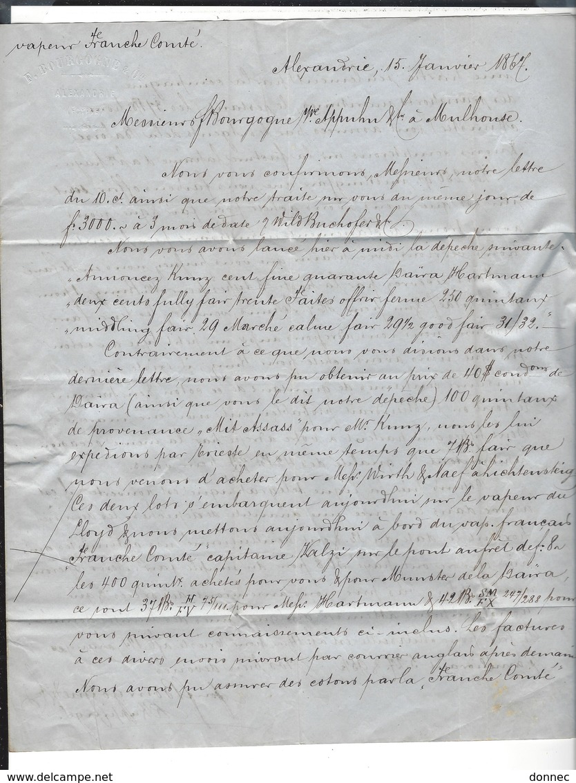 Lettre 1867 Cad Alexandrie  Pour Mulhouse TP Yt 23 " Paquebots De La Méditerranée " Vapeur Franche- Comté - 1862 Napoleon III