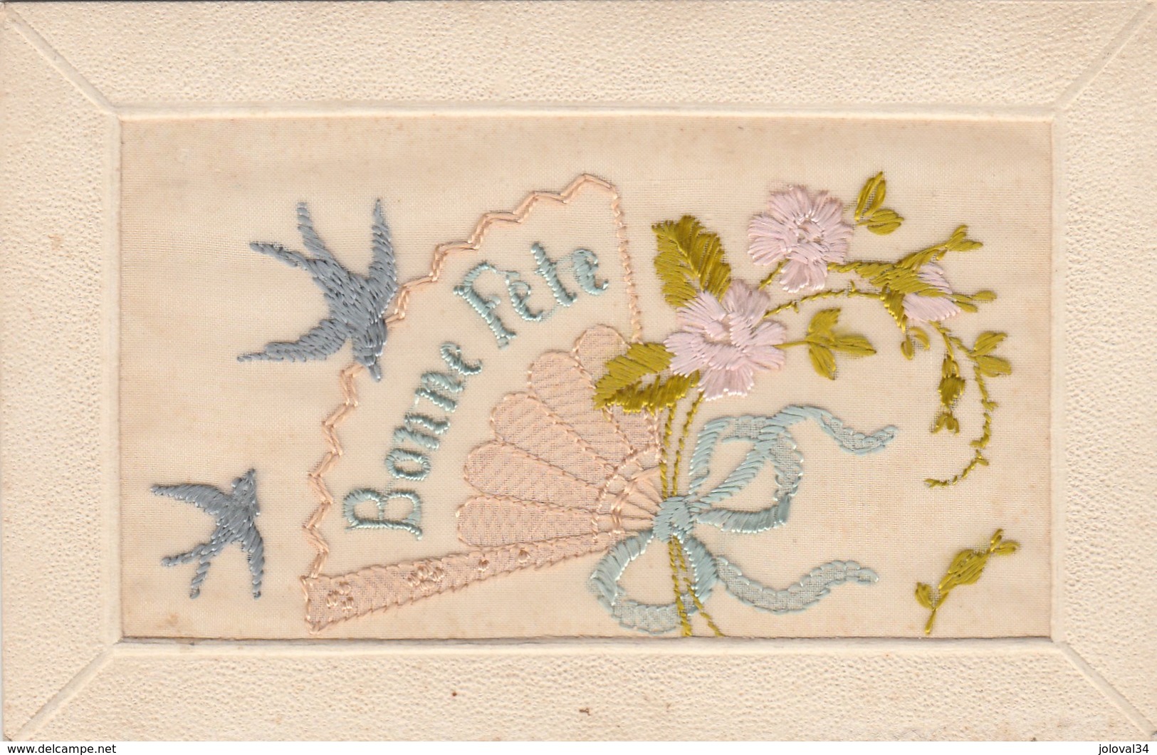 Belle Carte Brodée Soie Bonne Fête Fleurs Oiseau Ruban éventail - Embroidered