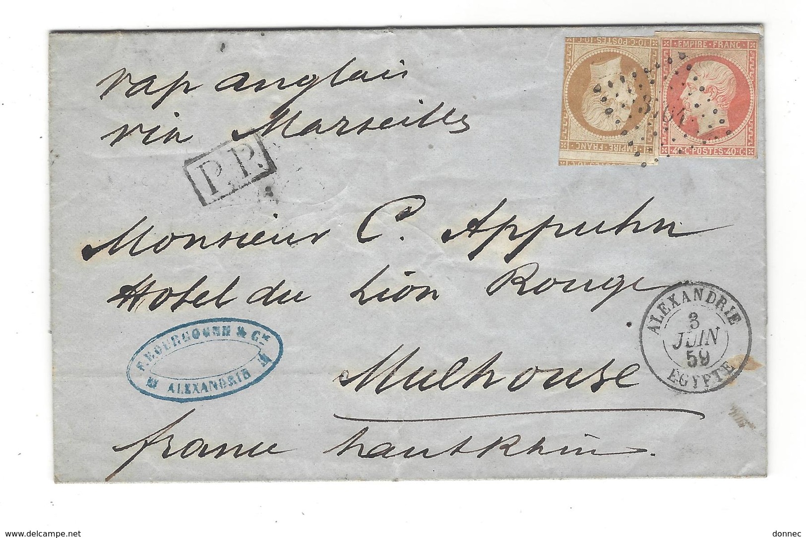 Lettre  1859 Cad Alexandrie  Pour Mulhouse TP Yt 13 - 16  Vapeur Anglais Via Marseille - 1862 Napoleon III