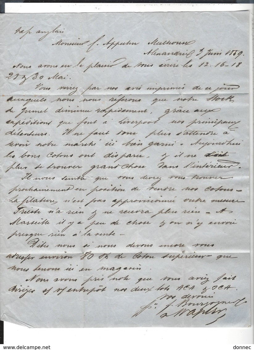 Lettre  1859 Cad Alexandrie  Pour Mulhouse TP Yt 13 - 16  Vapeur Anglais Via Marseille - 1862 Napoleon III