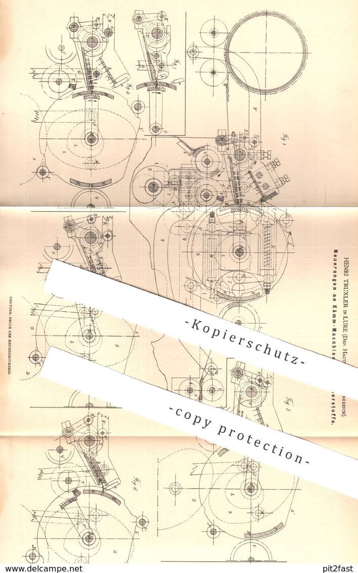 Original Patent - Henri Truxler , Lure , Haute Saône , Frankreich , 1879 , Kämmmaschine Für Faserstoff | Spinnen , Faser - Historical Documents