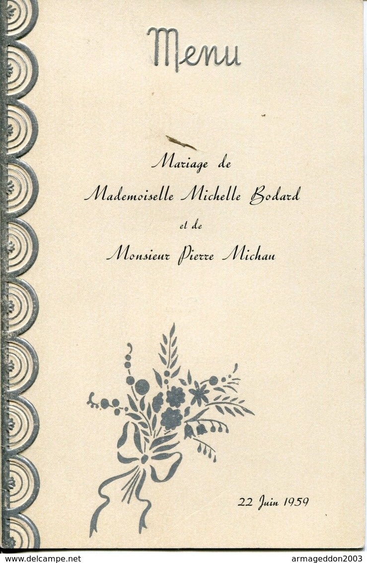 MENU 1958 MARIAGE MLLE LANNIER ET MR BOURGEOIS / AUBERGE FERTE SOUS JOUARRE   16 X 10.6 Cm ENVIRON  ( Plié ) - Menus