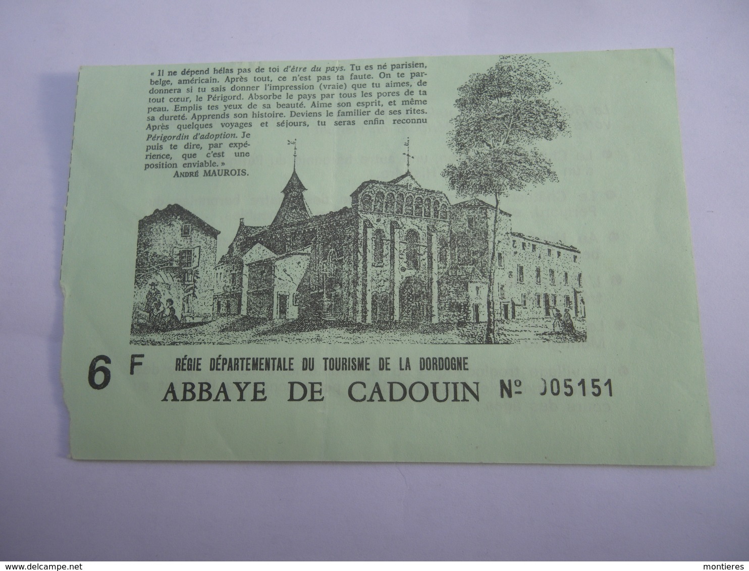 ABBAYE DE CADOUIN Ticket Années 60 Régie Départementale Du Tourisme De Dordogne - Cuadernillos Turísticos