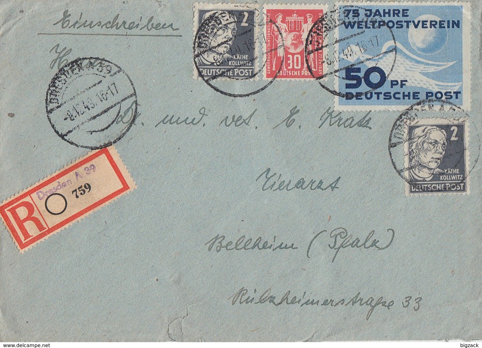 DDR R-Brief Mif Minr.242,243 SBZ Minr.2x 212 Dresden 8.12.49 - Briefe U. Dokumente