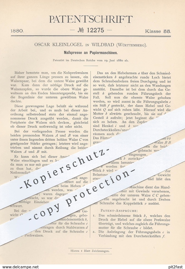 Original Patent - Oscar Kleinlogel , Wildbad / Württemberg 1880 , Nasspresse An Papiermaschine | Papier , Presse , Pappe - Historische Dokumente