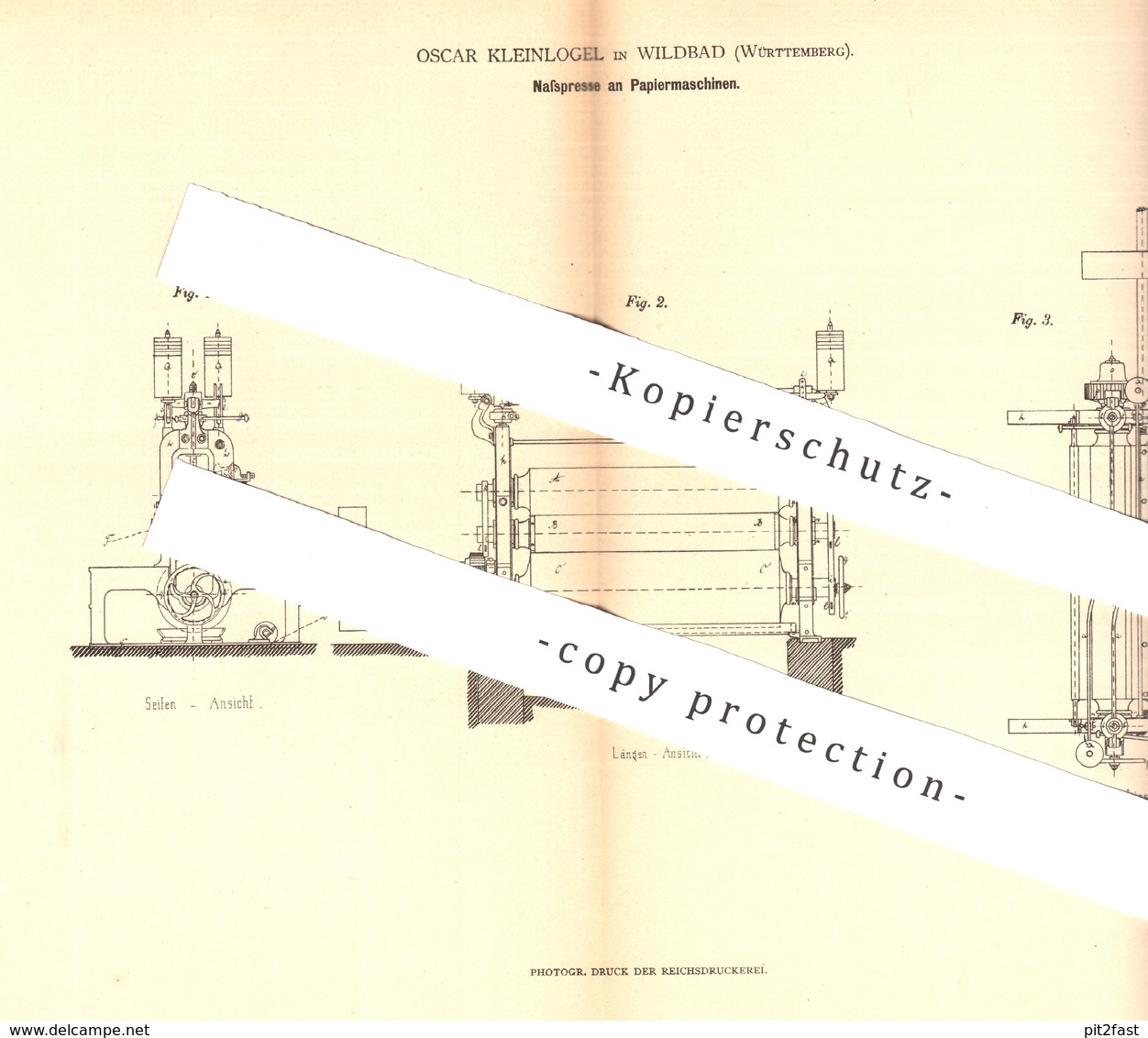 Original Patent - Oscar Kleinlogel , Wildbad / Württemberg 1880 , Nasspresse An Papiermaschine | Papier , Presse , Pappe - Historische Dokumente