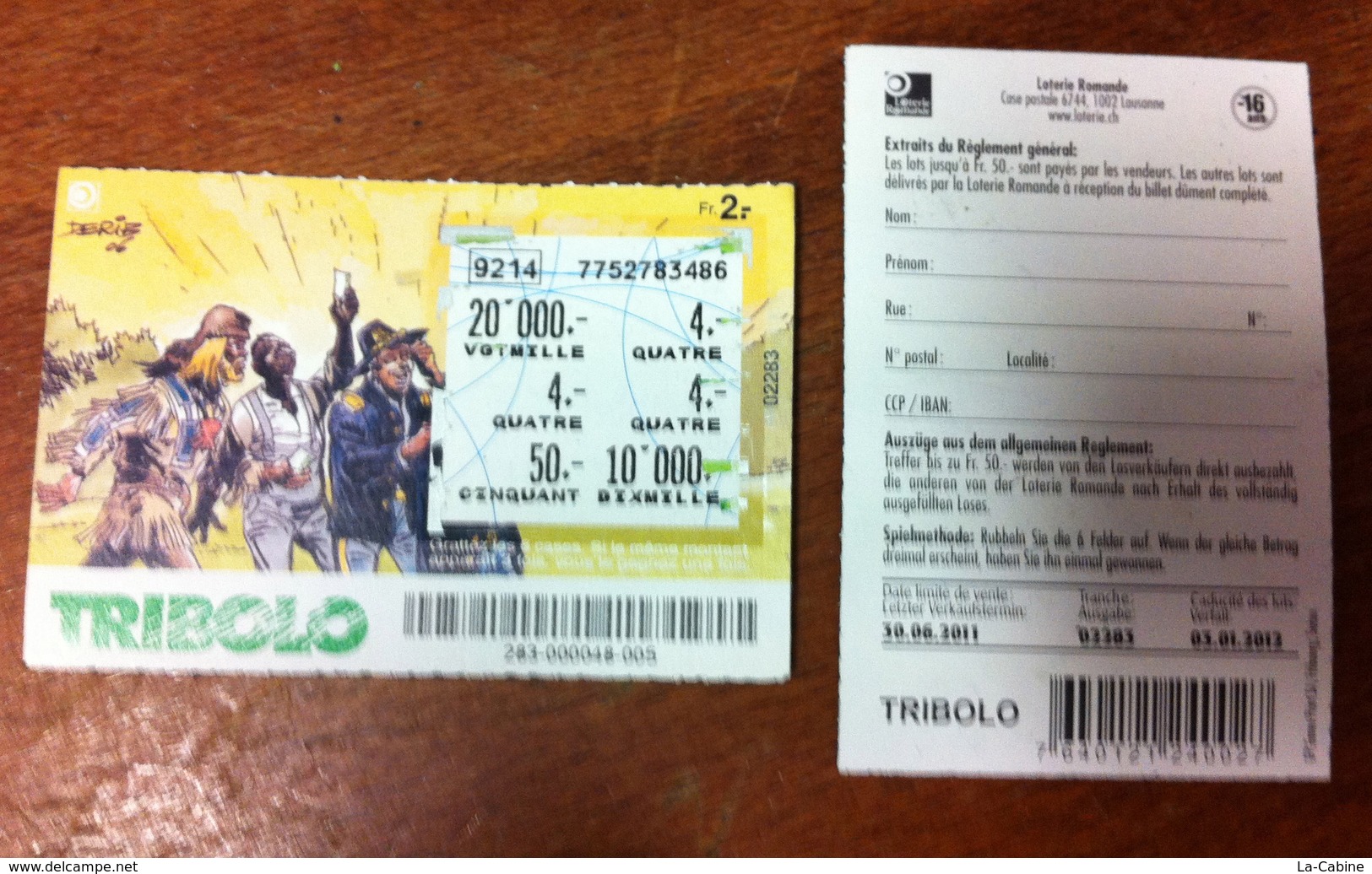 BD DERIB 1 BILLET TICKET DE TRIBOLO DE LA LOTERIE SUISSE DE 2011 EN BON ÉTAT - Autres & Non Classés