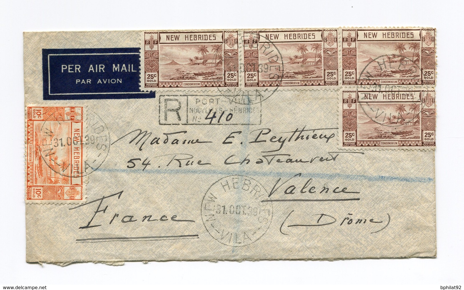 !!! PRIX FIXE : NOUVELLES HEBRIDES, LETTRE RECOMMANDEE PAR AVION DE PORT VILLA DU 31/10/1939 POUR VALENCE - Brieven En Documenten