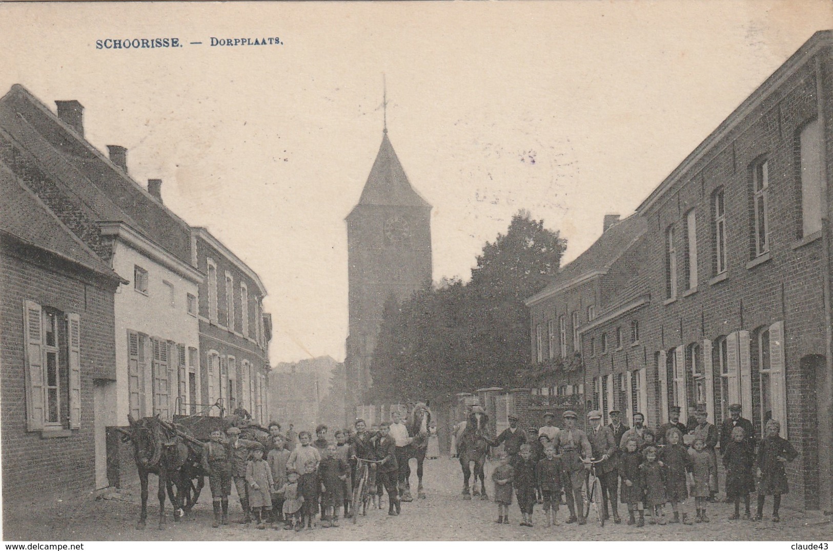 Schoorisse  Dorpplaats Super Super Animée Attelage Cycliste Etc.....circulé En 1920 - Andere & Zonder Classificatie