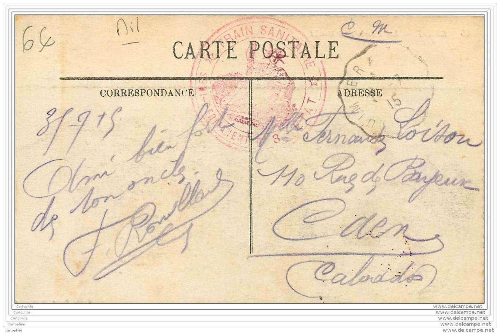 Cachet Train Sanitaire Semi Permanent ETAT N°3 Sur Carte De Brest 1915 - Guerre De 1914-18