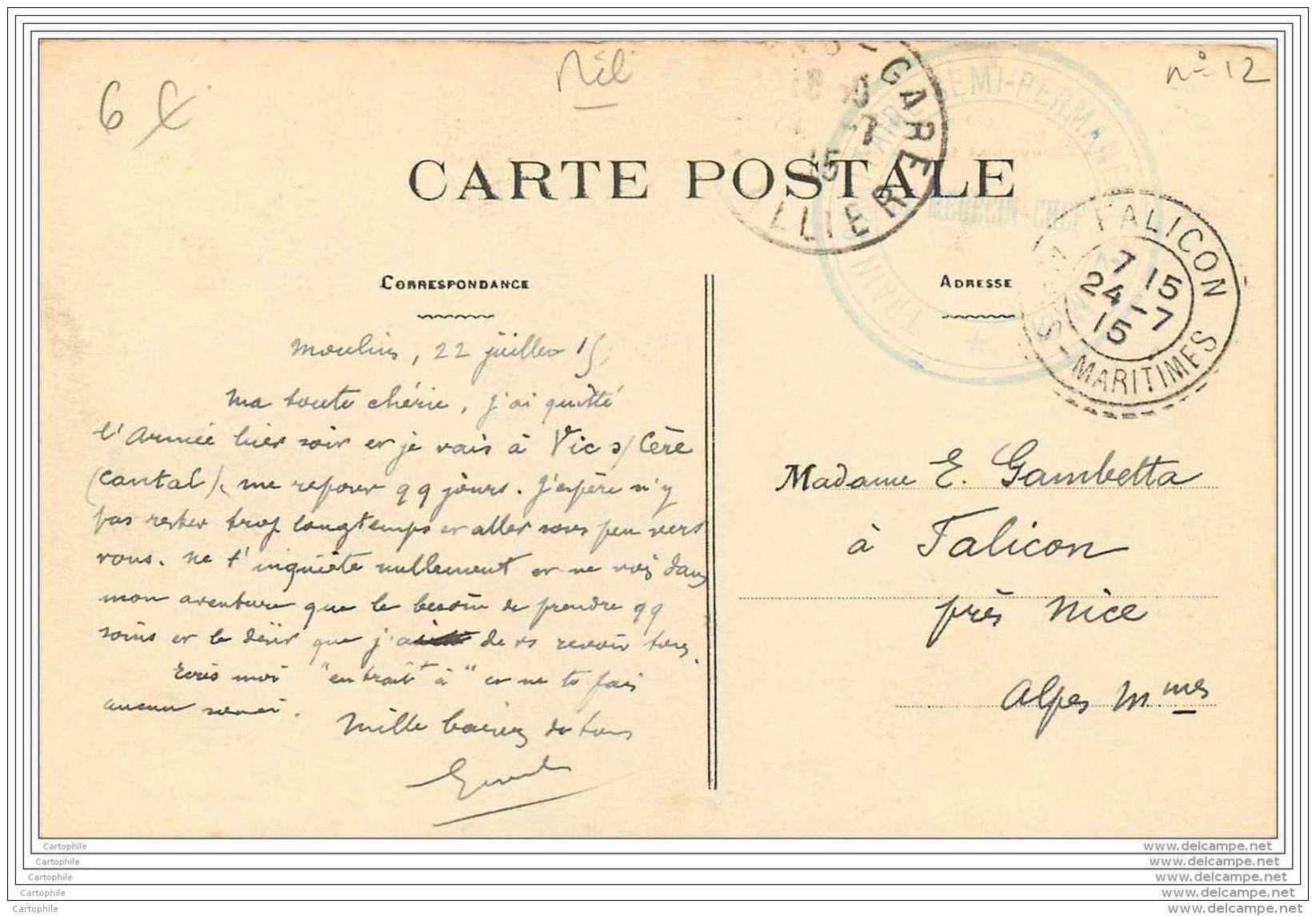 Cachet Train Sanitaire Semi Permanent Du MIDI N°12 Sur Carte De Moulins 1915 - Guerre De 1914-18