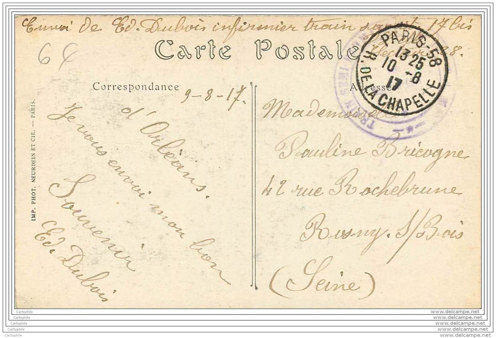 Cachet Du Train Sanitaire Semi Permanent N°17bis Sur Carte D'Orleans 1917 - Guerre De 1914-18