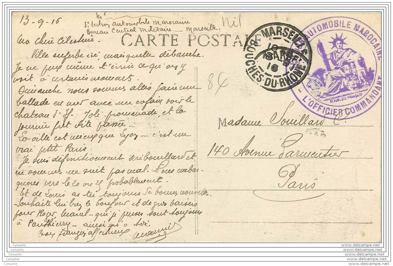 Cachet De La 3eme Section Automobile Marocaine A Marseille En 1916 - Guerre De 1914-18