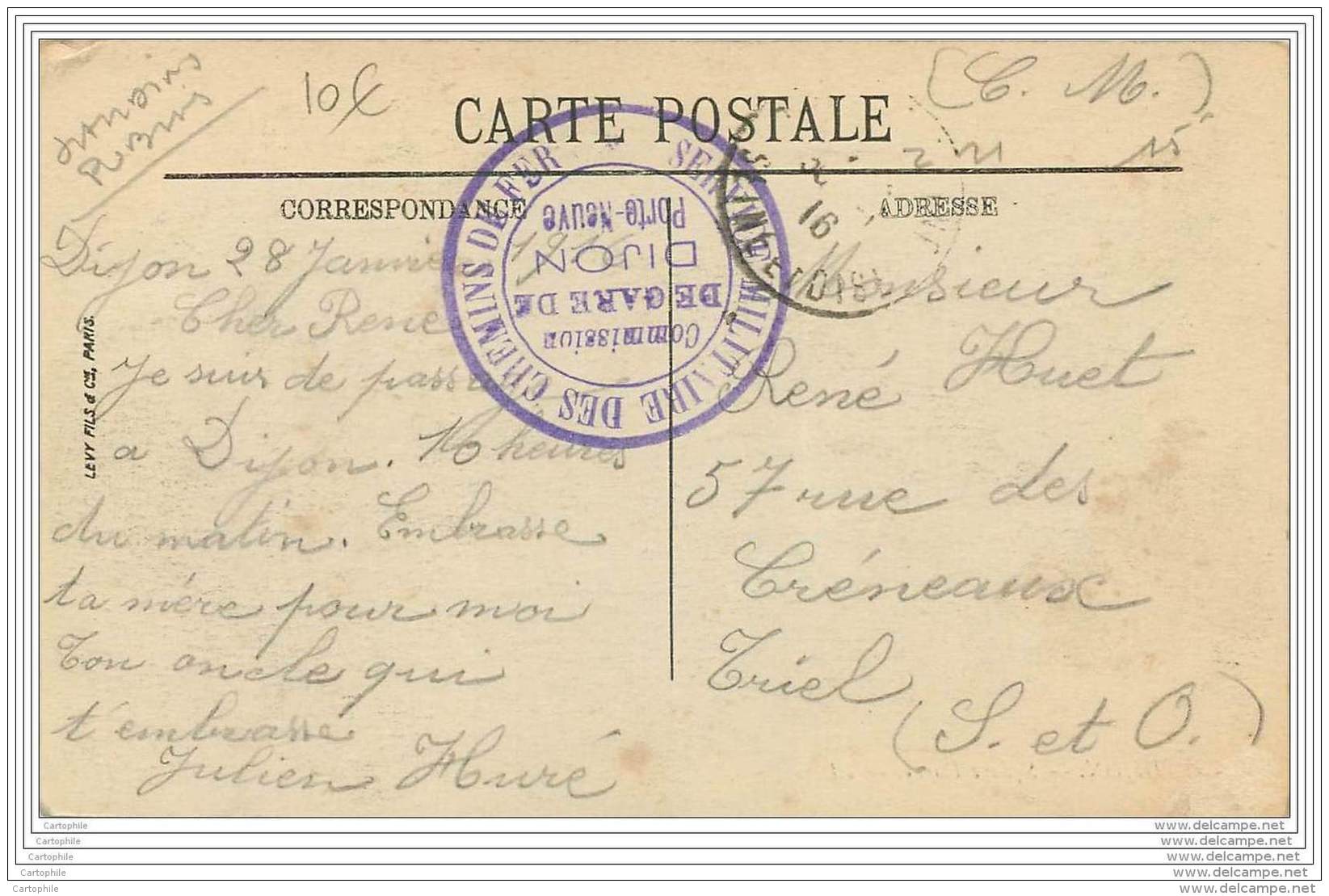 Cachet Du Service Militaire Des Chemins De Fer A La Gare De Dijon Porte Neuve 1916 - Famille Hure / Huet A Triel (78) - Guerre De 1914-18