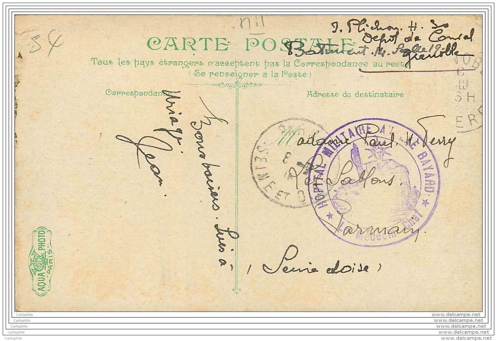 Cachet De L'Hopital Militaire Annexe Bayard A Grenoble ? - Famille Plichon A Parmain (95) N°2 - Guerre De 1914-18