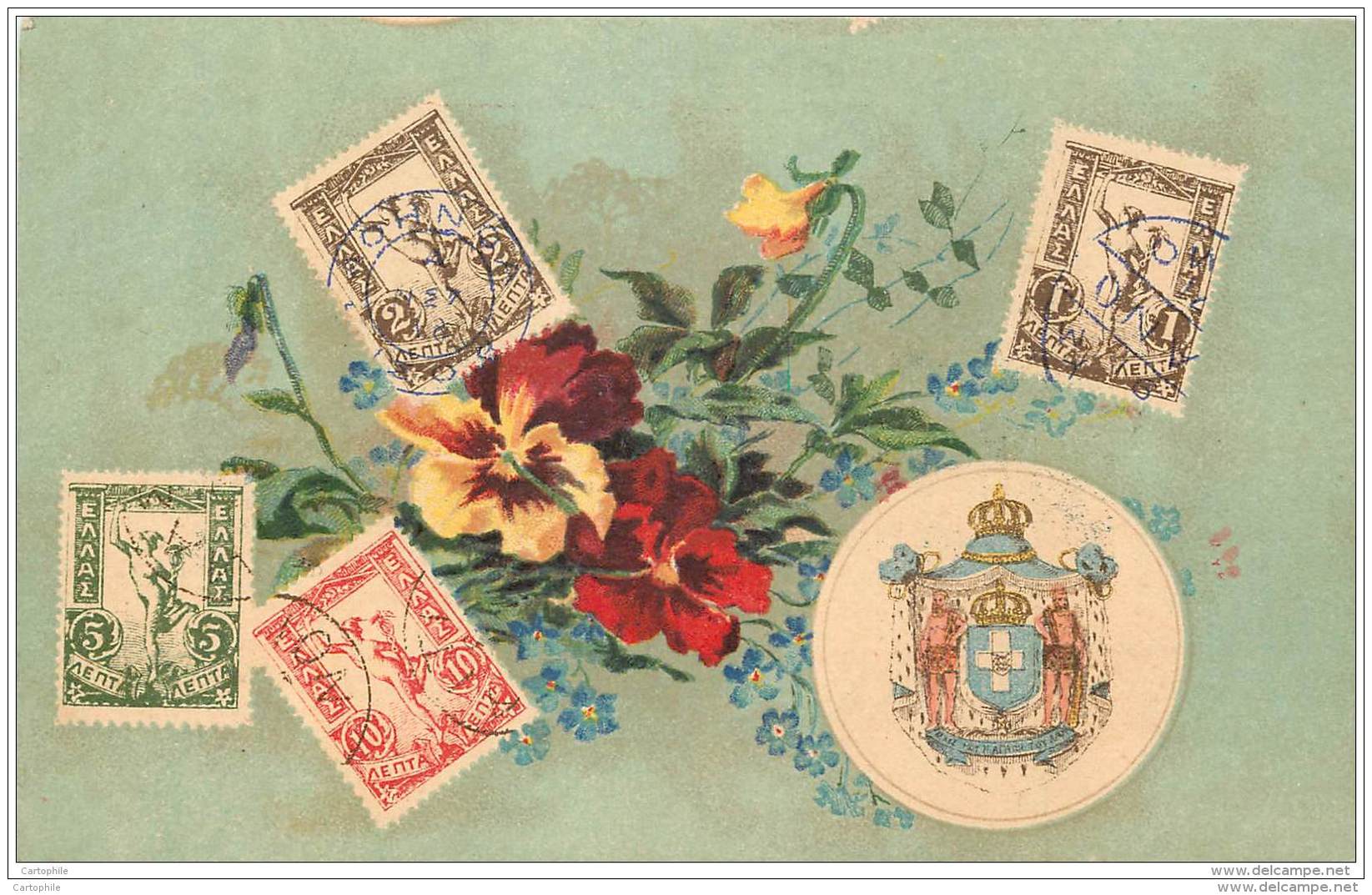 Grece - Valentine's Postcard With Greek Stamps Illustration And Arms Of Greece Country Circa 1910 - Grecia