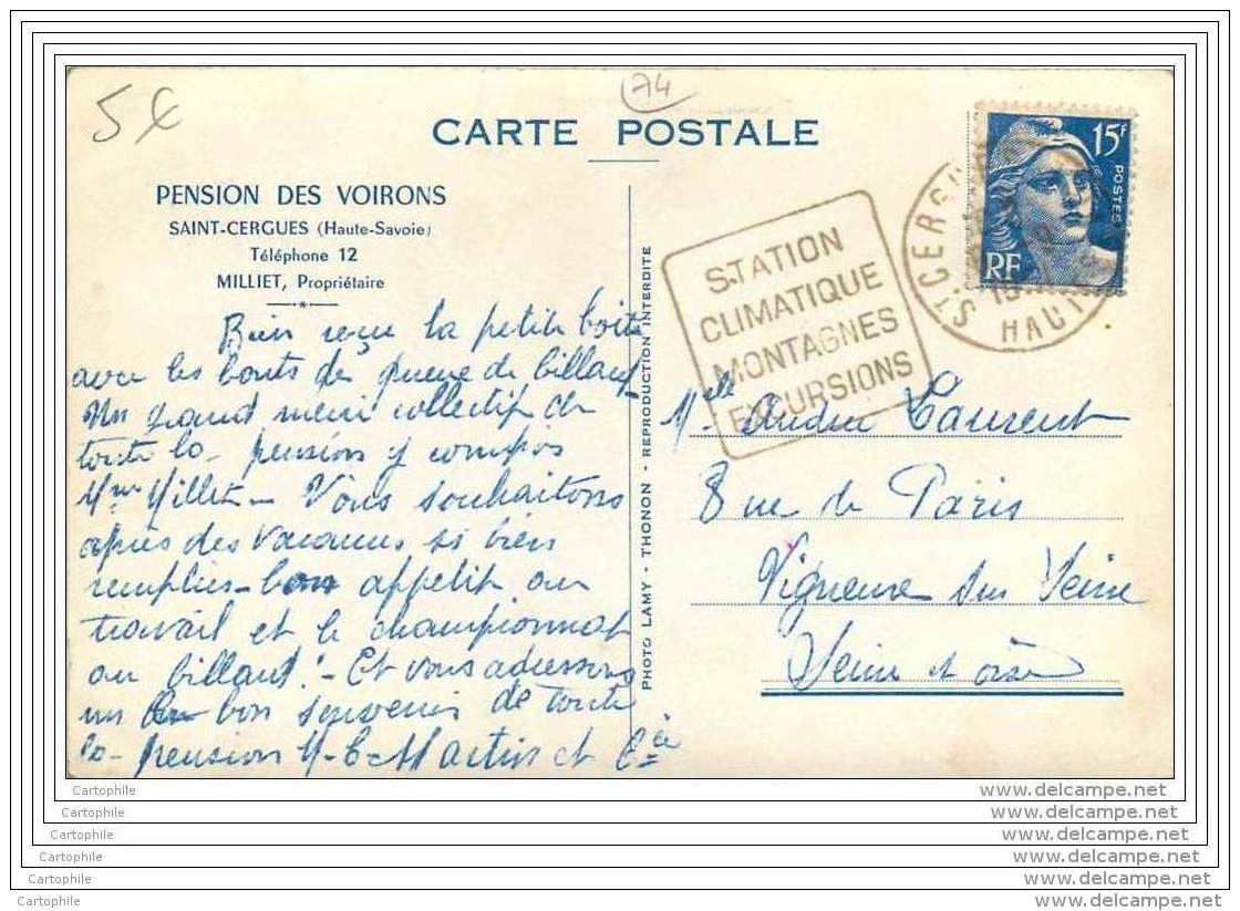 73 - SAINT CERGUES - Pension Des Voirons - Tel 12 - Cachet Daguin - Saint-Cergues