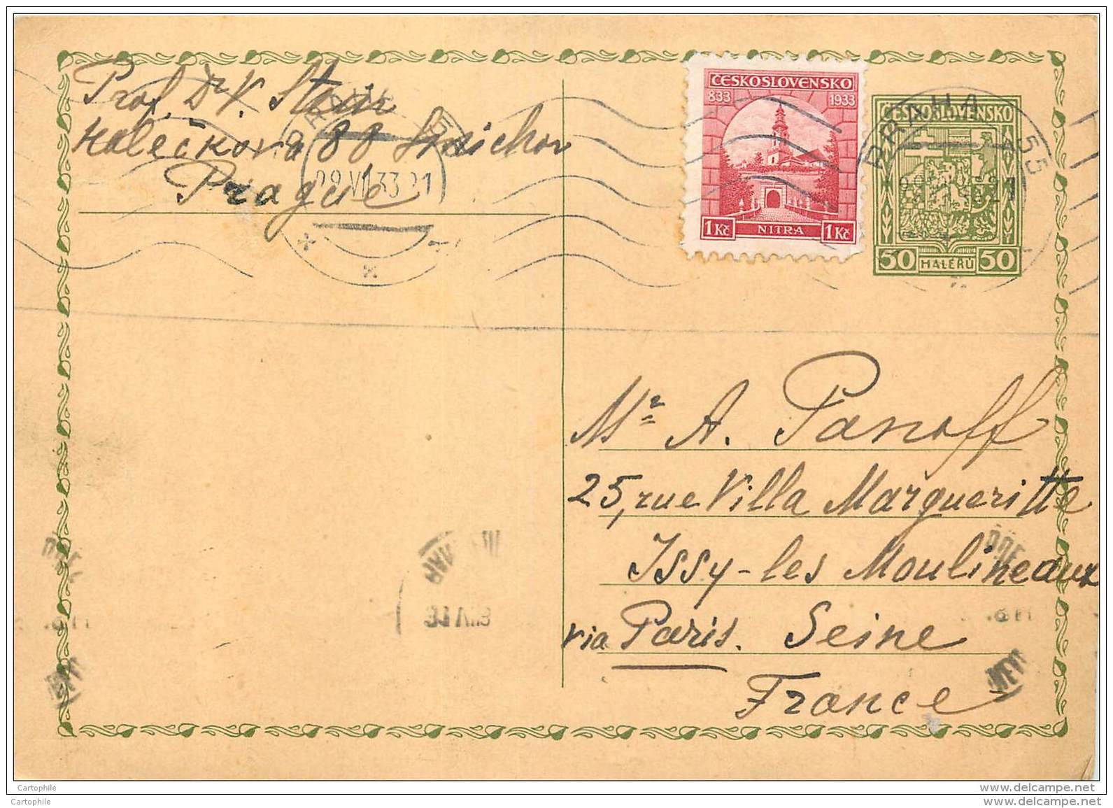 Tchecoslovaquie - Entier Postal 1933 From Praha To Paris - Postkaarten