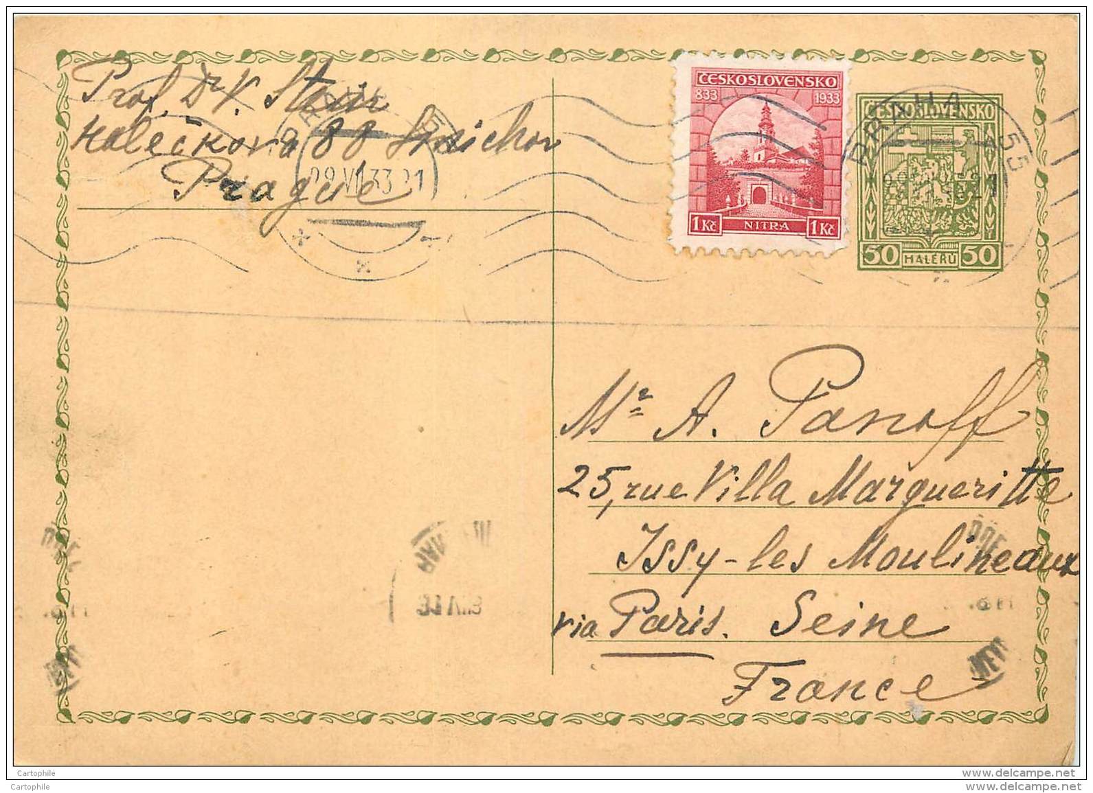 Tchecoslovaquie - Entier Postal 1933 From Praha To Paris - Cartoline Postali