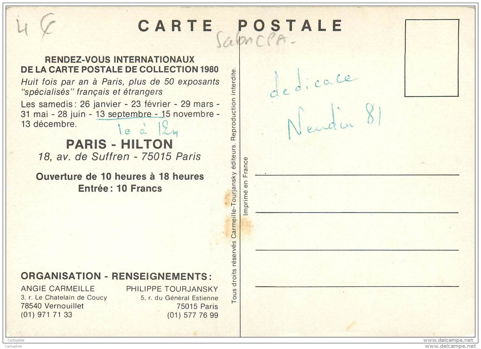 RDV Internationnaux De La Carte Postale De Collection 1980 A L'hotel De Paris Hilton 18 Av Suffren - Borse E Saloni Del Collezionismo