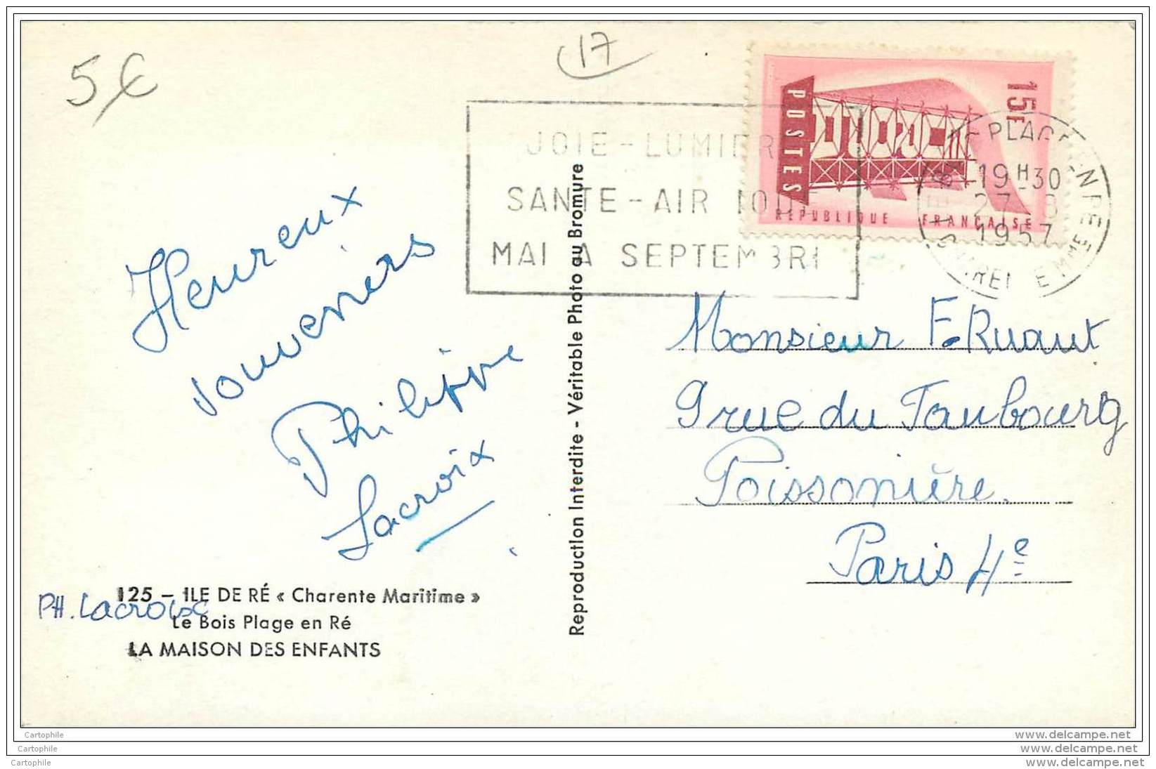 17 - ILE DE RE - Le Bois Plage En Re - La Maison Des Enfants (timbre Europa 1956 - 15 Frs) - Ile De Ré