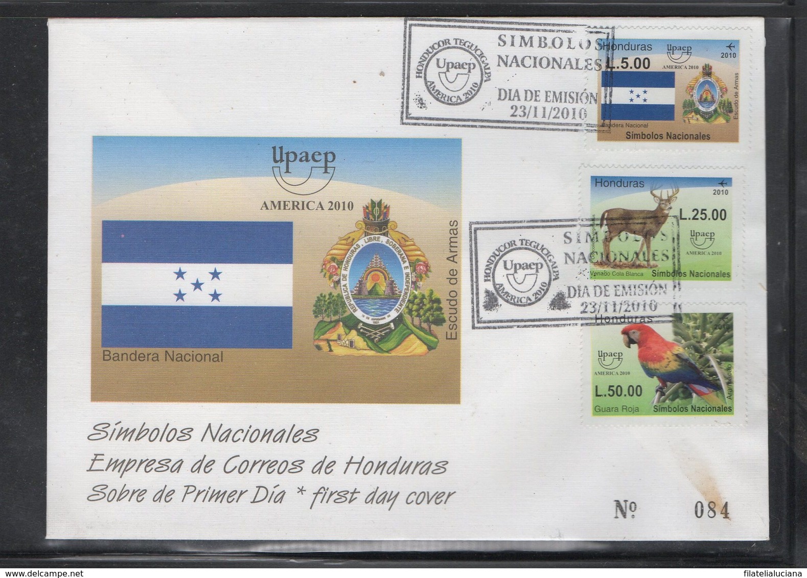 Honduras First Day Cover Upaep 2010 Birds Parrots Flags Arms Animals - Parrots