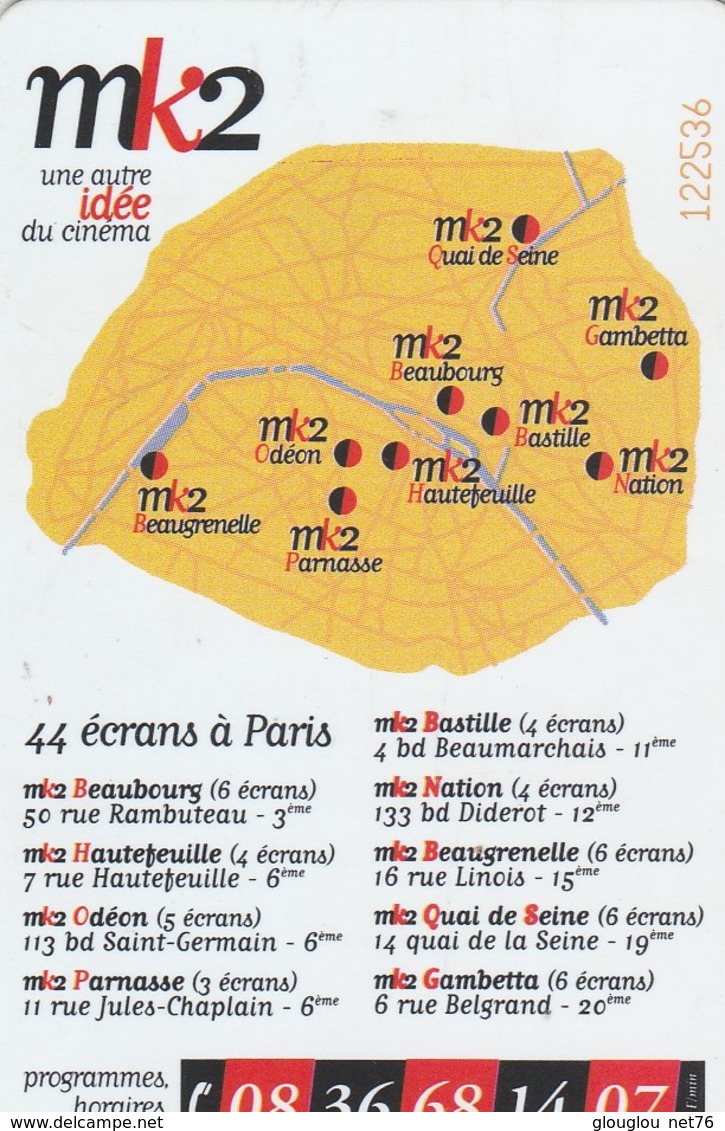 CARTE CINEMA   MK2  PARIS. - Cinécartes