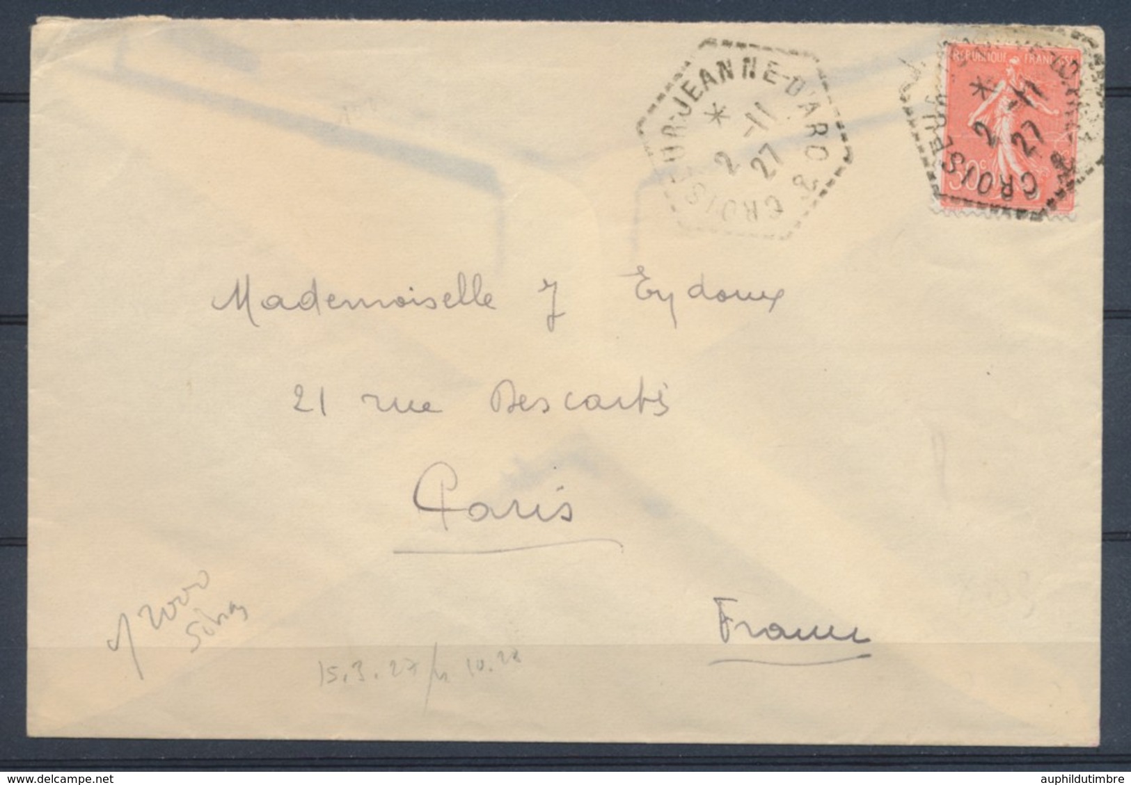 2/11/1927 Env. 50c Semeuse Obl. CROISEUR-JEANNE-D'ARC, Rare, Superbe X1463 - Naval Post