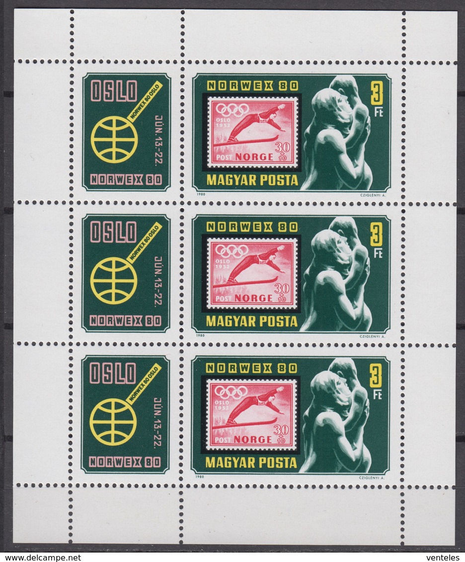 Hungary 09.06.1980 Mi # 3142 Kleinbogen А Lake Placid Winter Olympics, MNH OG - Winter 1980: Lake Placid