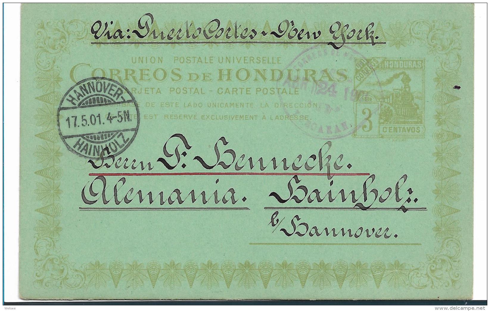 Ho002 / Honduras,  Bahn (tren, Train, Chemin De Fer) Auf Attraktiver Ganzsache 1901 Nach Hannover, Deutschland - Honduras