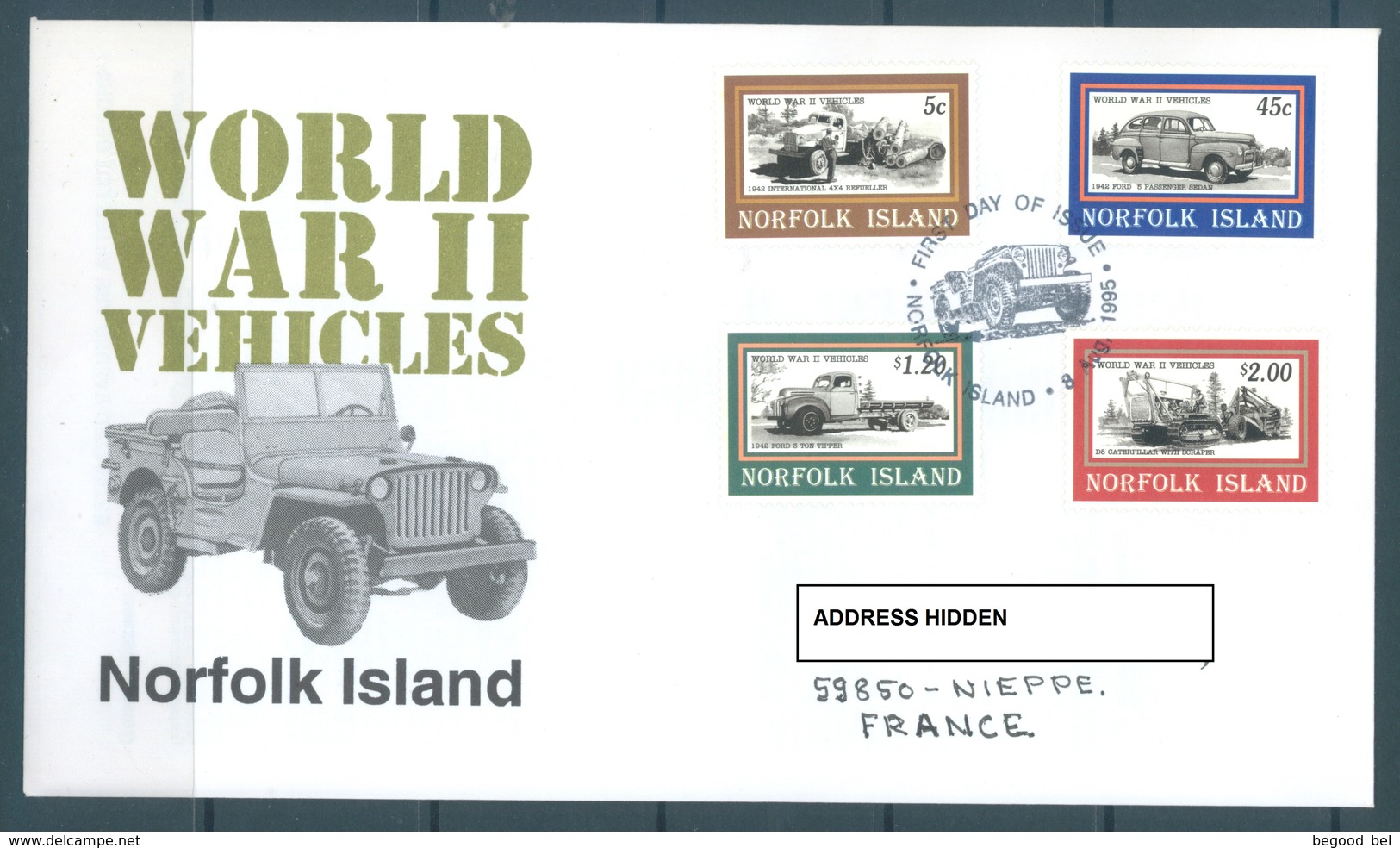 NORFOLK ISLANDS  - 8.8.1995 - FDC - 2ND WORLD WAR VEHICLES -Yv 567-568 SG 596-599 - Lot 16945 - LIGHT HINGED AT BACKSIDE - Ile Norfolk