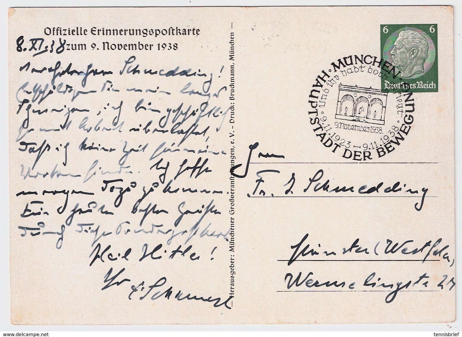 DR, 1938, Farbige Karte , GA  (9. November) , #a557 - Briefe U. Dokumente
