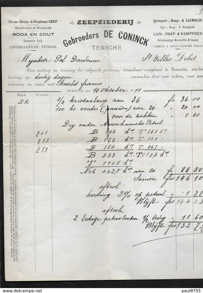 BELGIQUE 1911 FACTURE DE "GEBROEDERS DE CONINCK" ZEEPZIEDERIJ AVEC MANDAT A ORDRE -3 SCANS - Drogisterij & Parfum