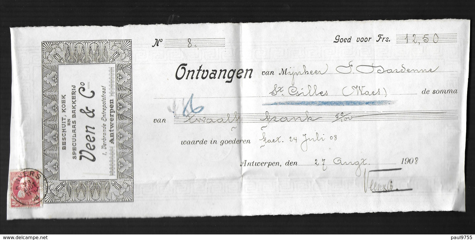 BELGIQUE 1908 RECU  DE "VEEN & Cie "  BISCUITS ET SPECULOOS - Levensmiddelen