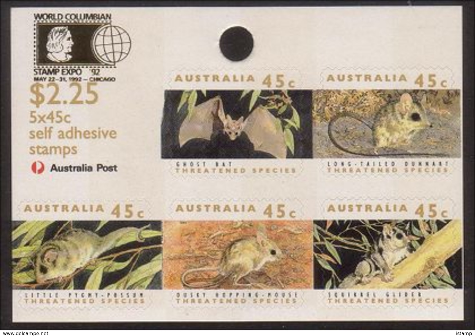 ⭕1992 - Australia THREATENED SPECIES 'overprint COLUMBIAN' - 5*45c Sheetlet Stamps MNH⭕ - Hojas Bloque
