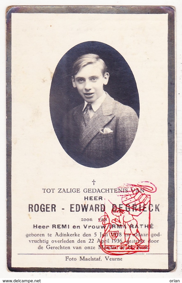 DP Foto - Roger Edw. DeGrieck / Rathé 17j. ° Adinkerke De Panne 1918 † 1936 - Images Religieuses