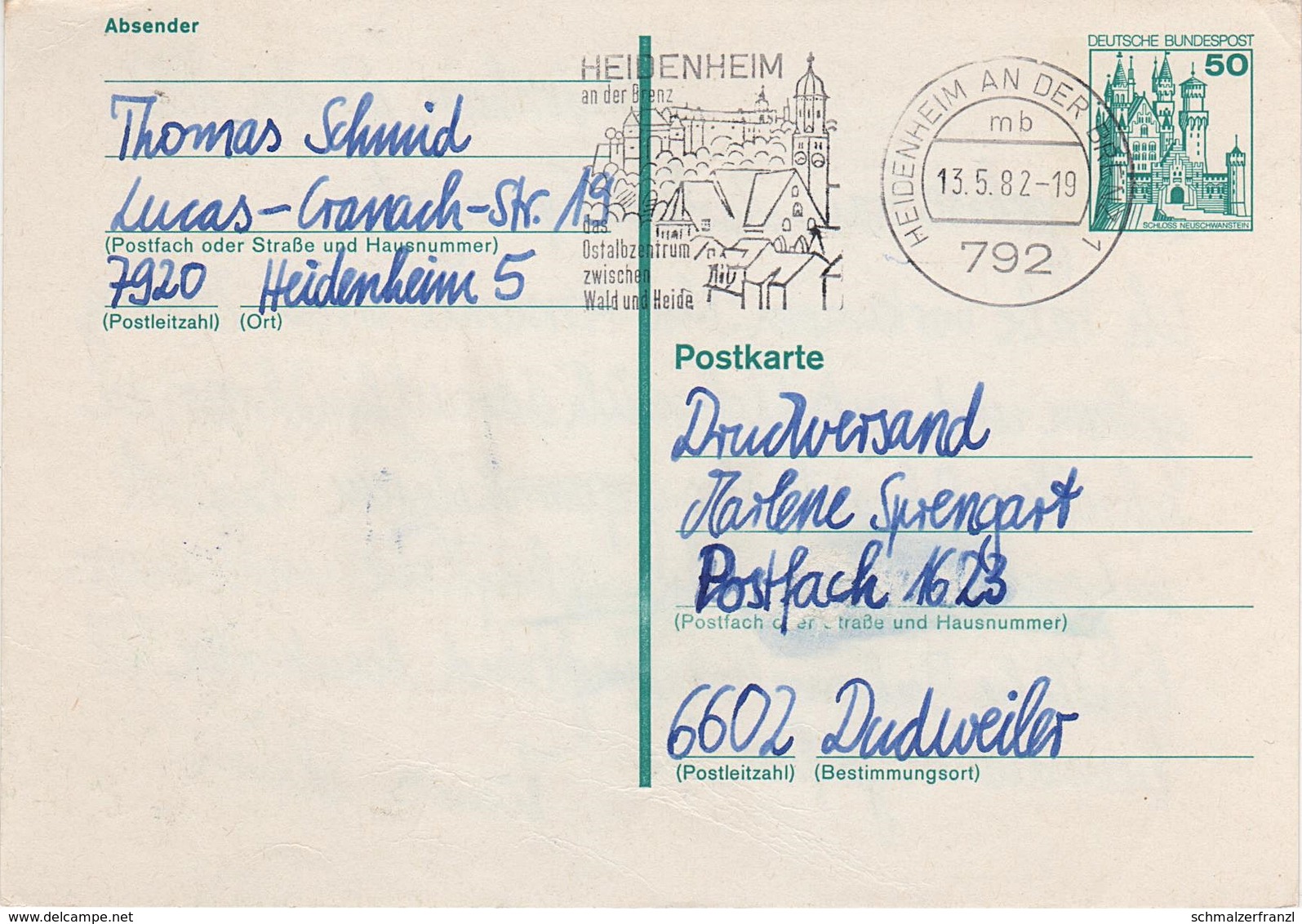 Postkarte Ganzsache BRD Deutschland Bundespost Deutsche Post Briefmarke 50 Pfennig Neuschwanstein Stempel Heidenheim - Cartoline - Usati