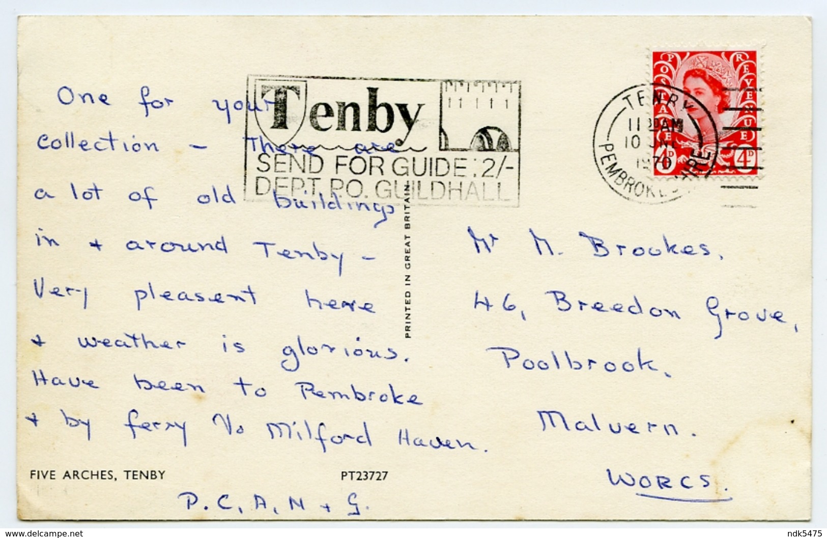 TENBY : FIVE ARCHES  / POSTMARK & SLOGAN - TENBY TOURIST GUIDE ADVERT, 1970 / MALVERN, POOLBROOK, BREEDON GROVE - Pembrokeshire