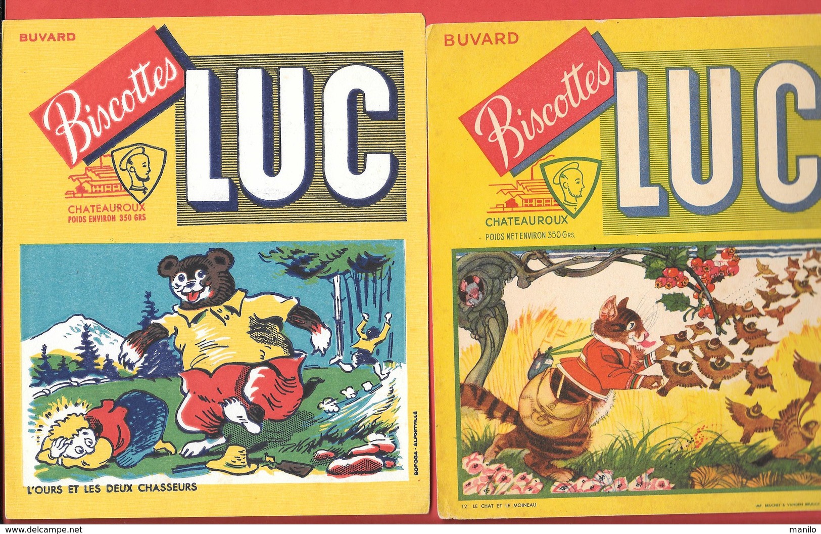 2 Buvards Anciens Biscottes LUC à CHATEAUROUX (Indre) L'OURS ET LES 2 CHASSEURS & LE CHAT ET LE MOINEAU - Biscottes