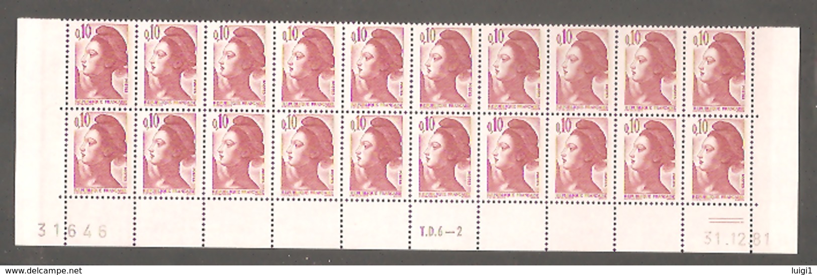 LIBERTE 1982. Bas De Feuille X 20 TP. N°2179** 0,10 Bistre-rg. Daté Du 31.12.81 - 3ème Tirage Sur TD6-2. Rep.2 Traits.TB - 1982-1990 Liberté De Gandon