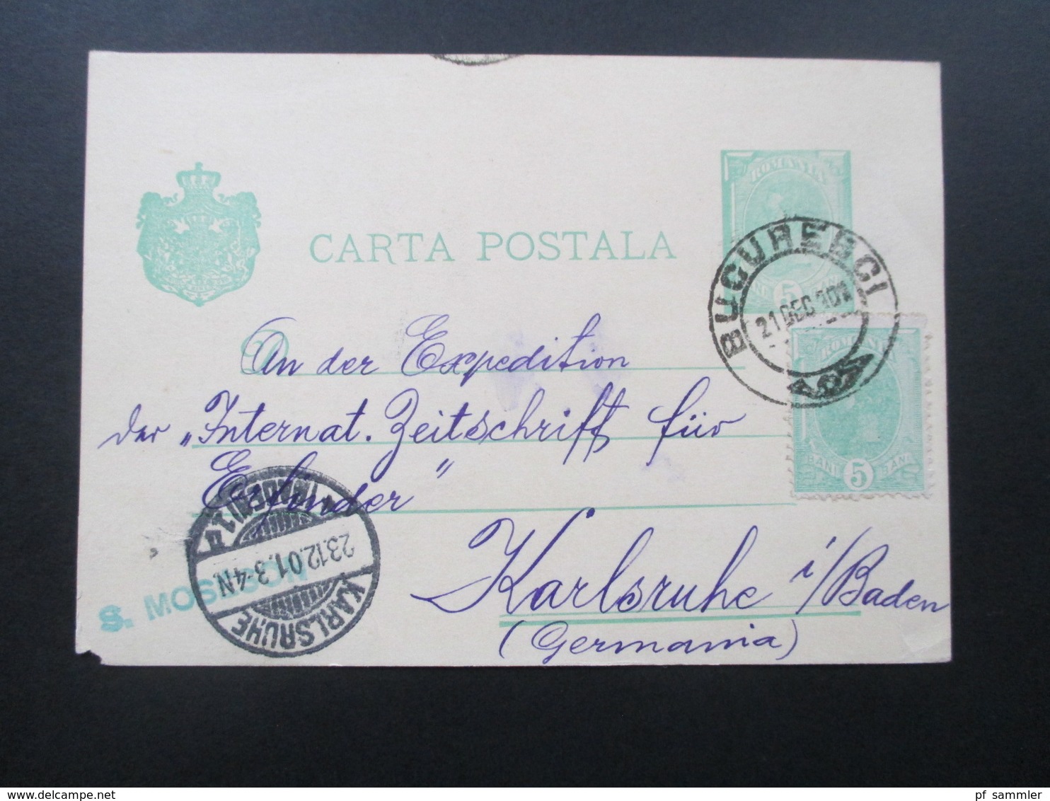 Rumänien 1901 Ganzsache Mit Zusatzfrankatur Nach Karlsruhe Mit AK Stempel! S. Moseson Strada Politiei 11. - Lettres & Documents