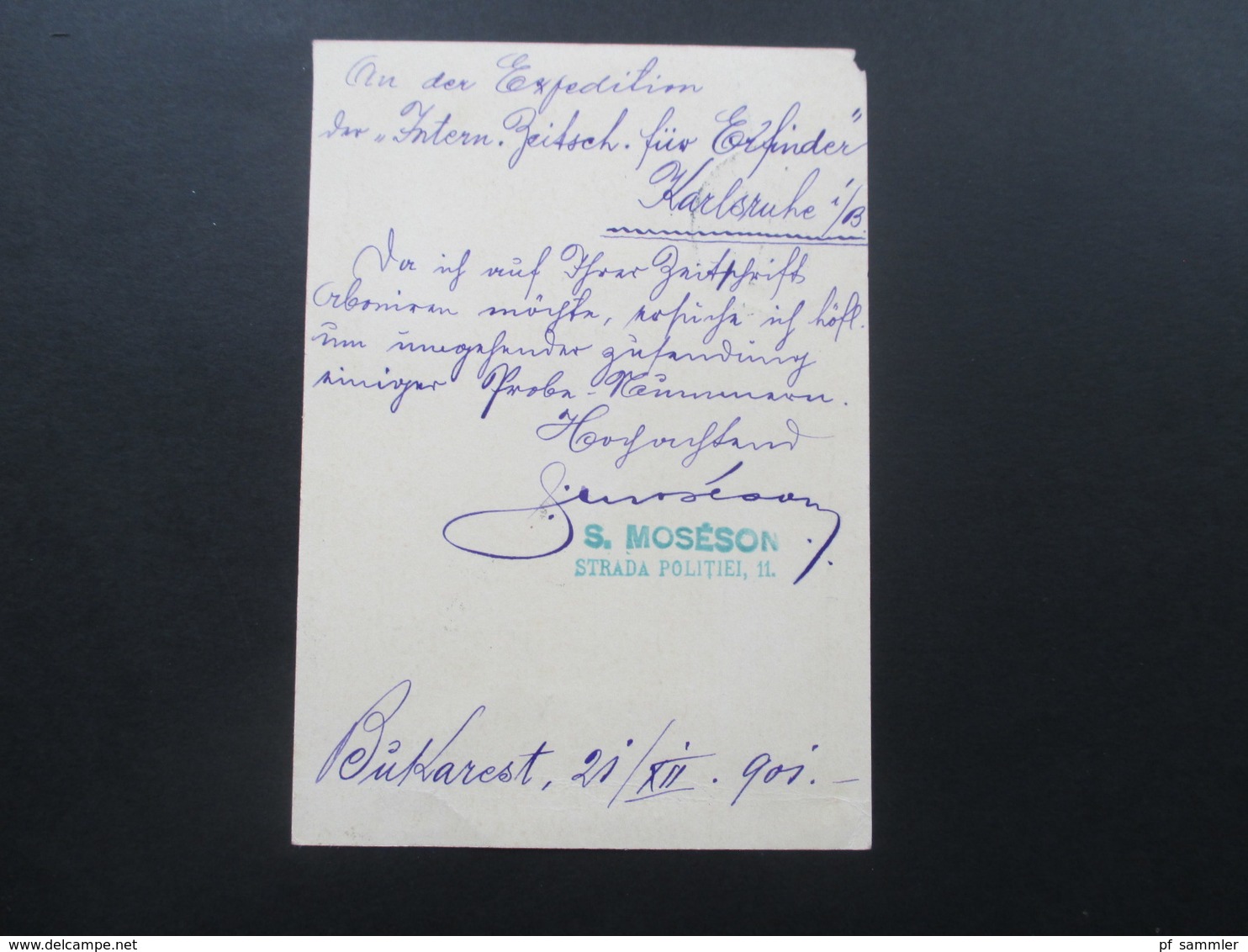 Rumänien 1901 Ganzsache Mit Zusatzfrankatur Nach Karlsruhe Mit AK Stempel! S. Moseson Strada Politiei 11. - Brieven En Documenten