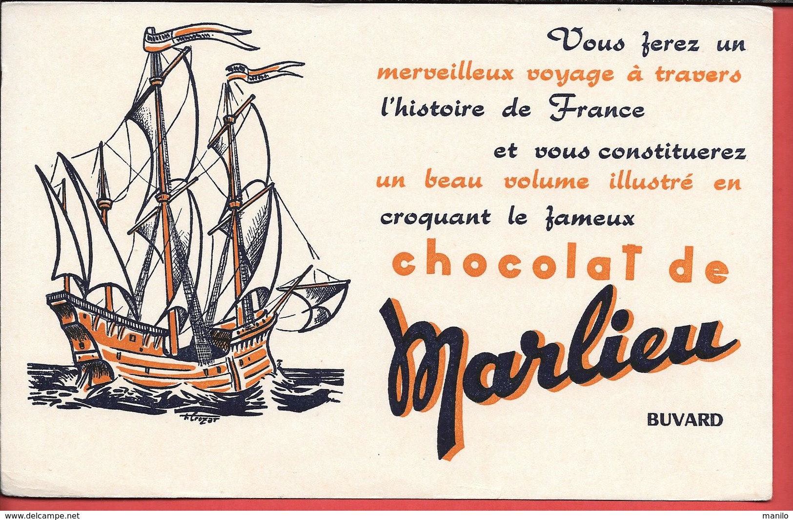 Buvard Ancien CHOCOLAT MARLIEU -  Illustré D'une Frégate Par A.CROZAT - Cocoa & Chocolat