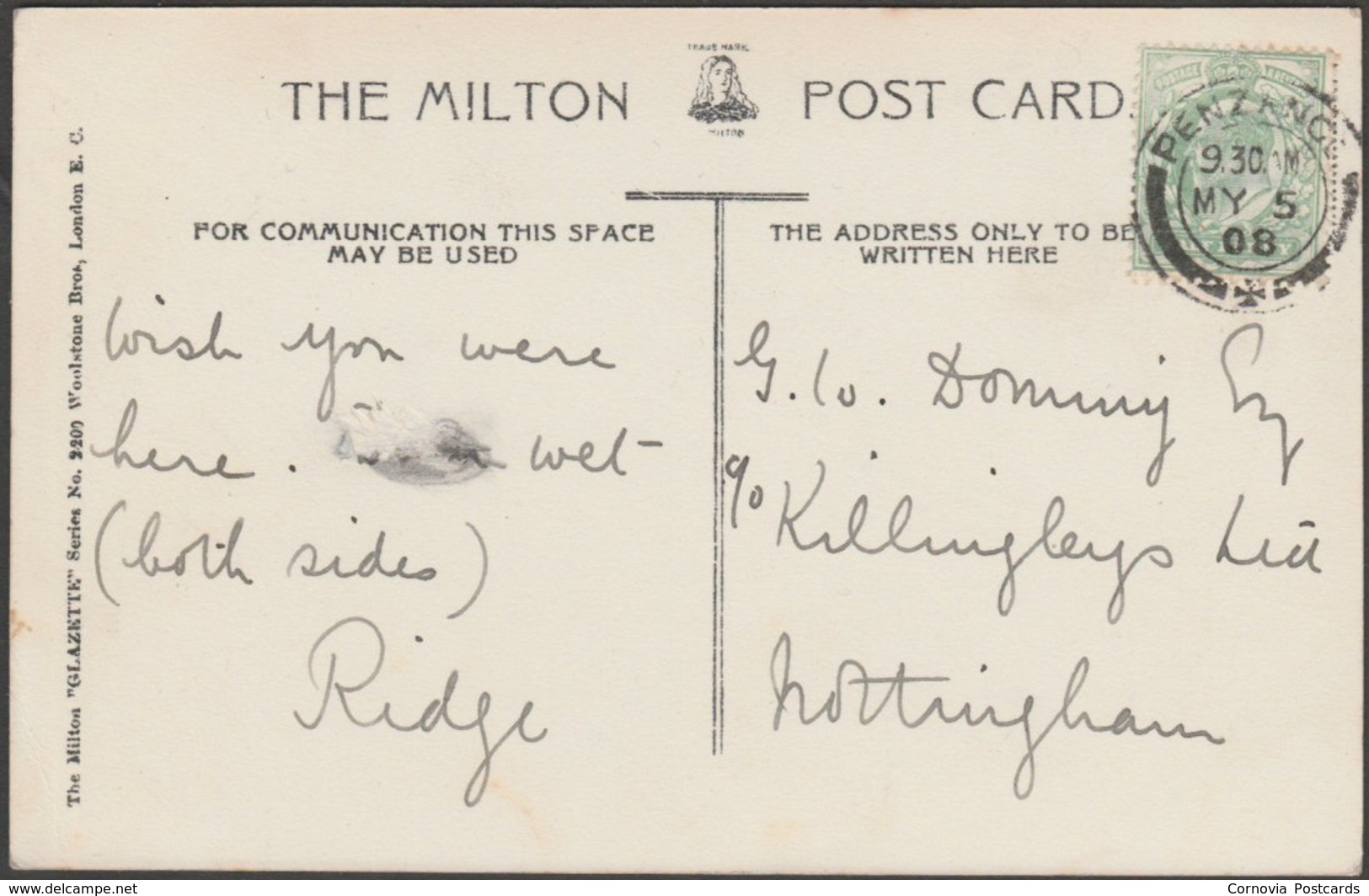 The Promenade, Penzance, Cornwall, 1908 - Milton Glazette Postcard - Other & Unclassified
