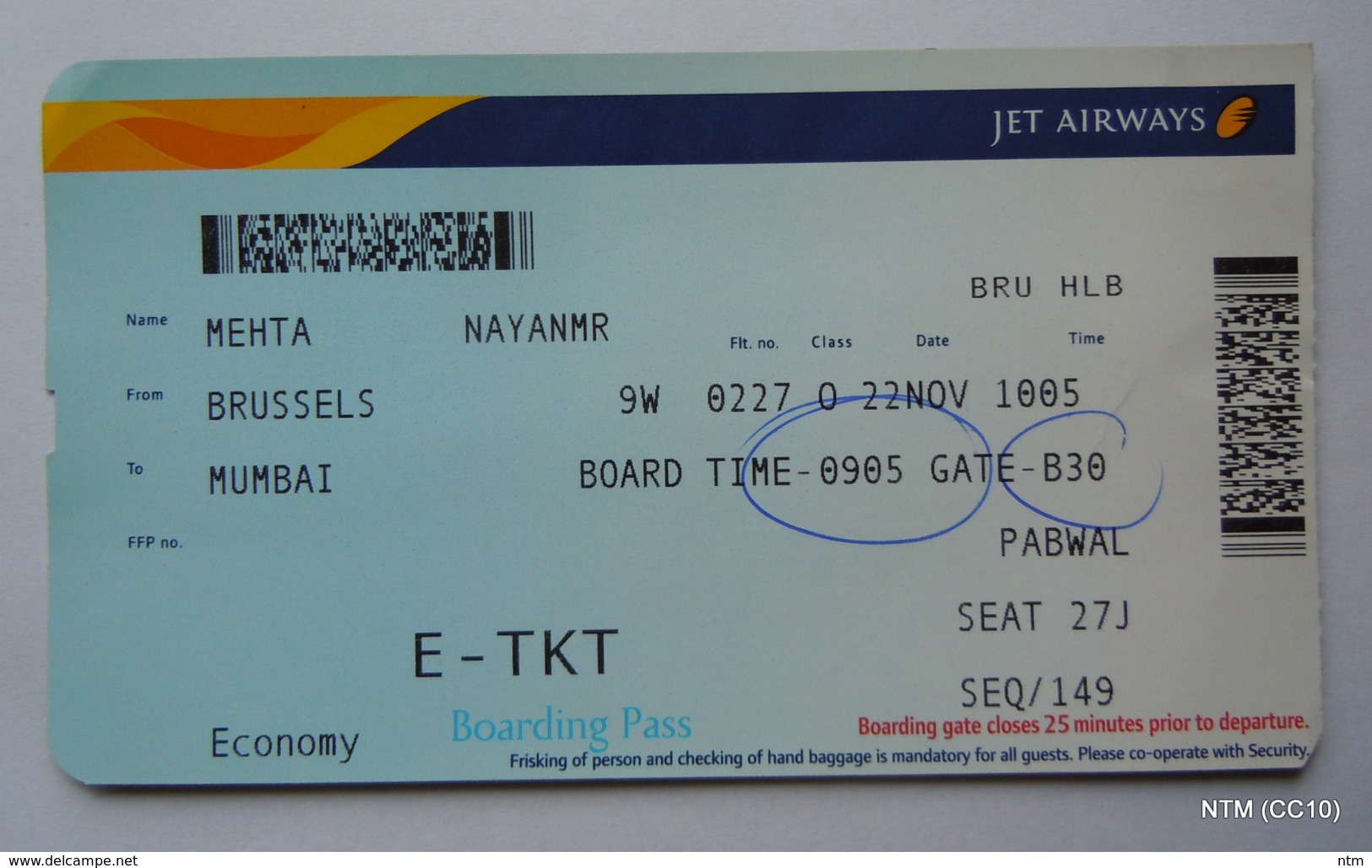 JET AIRWAYS E-TICKET - BOARDING PASS (Year 2012). Brussels To Mumbai. Used. - World